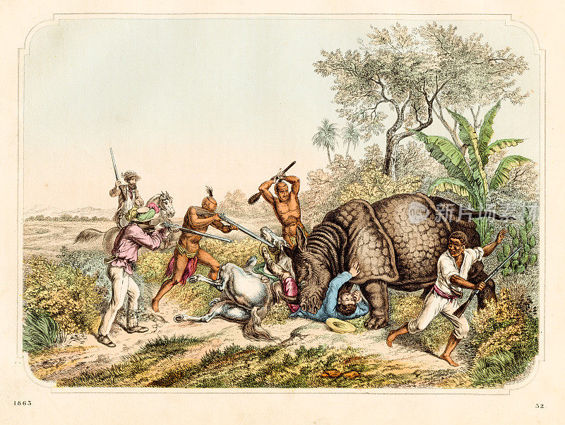 犀牛狩猎- 1863年《世界之书》中非常罕见的盘子